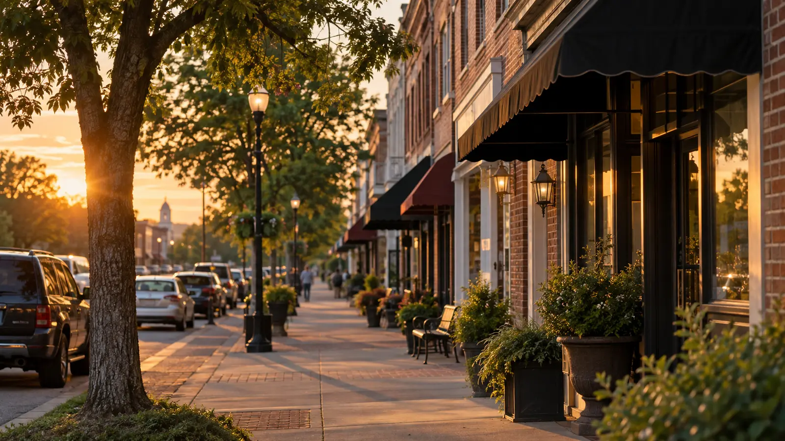 A small-town Southern main street at golden hour
