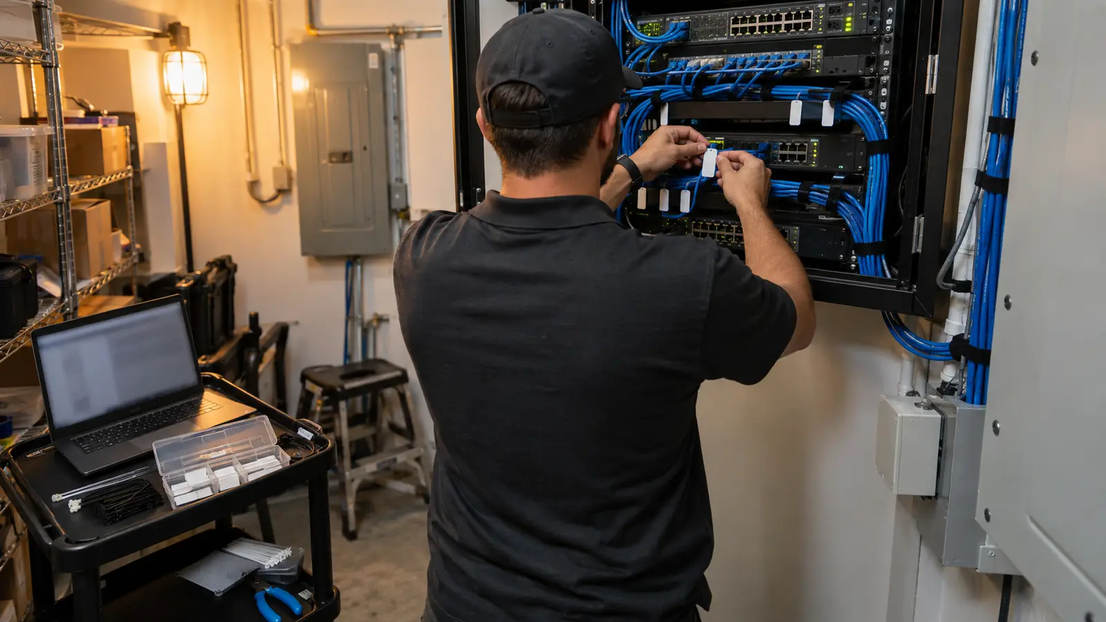 Technician organizing and labeling network cables in an office network closet